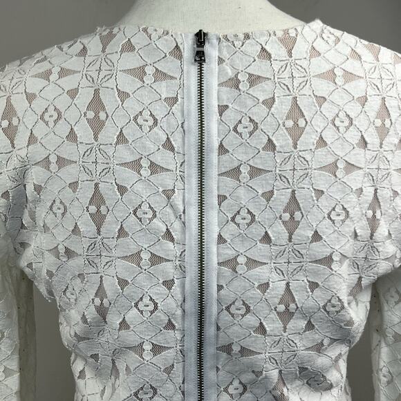BCBG Maxzaria Estelle Off White Cream Lacy Overlay Top Shirt Size M Peplum Hem - Picture 9 of 13